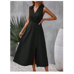 COPY - Solid Button Front Split Thigh Dress